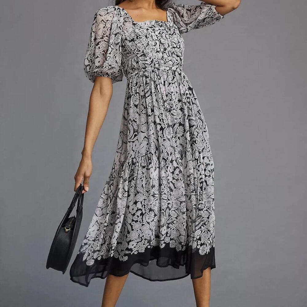 By Anthropologie Squareneck Smocked Midi Dress Floral